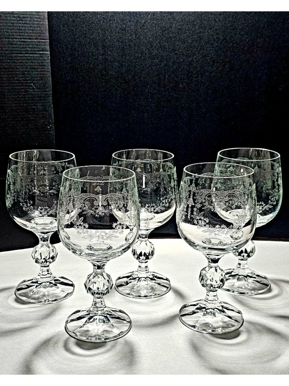 6 Import Assoc Cascade Wine Glass 5.75" etched crystal romantic floral glassware
